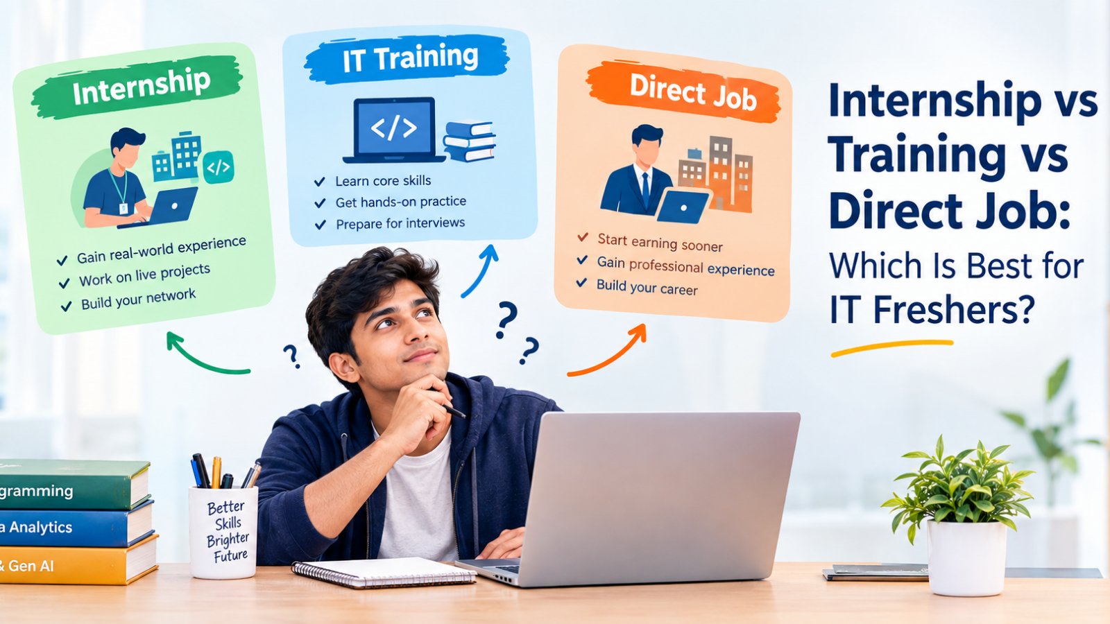 Internship vs training vs direct job for IT freshers, comparing career paths, practical skills, and job opportunities in India.